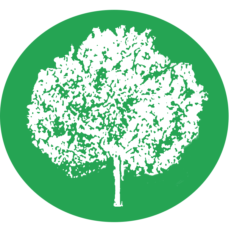 White tree graphic on a green circle background